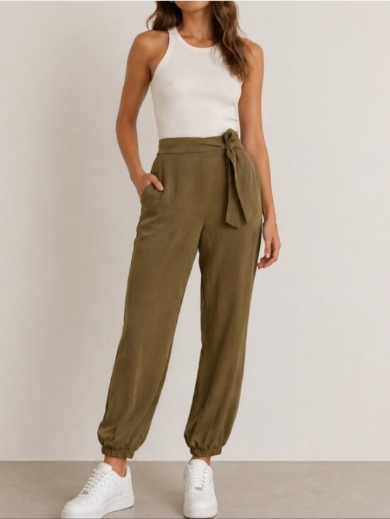 INTERMIX Pants - Intermix Lindy Tie-Waist Pants Olive Green Satin Jogger Size 8